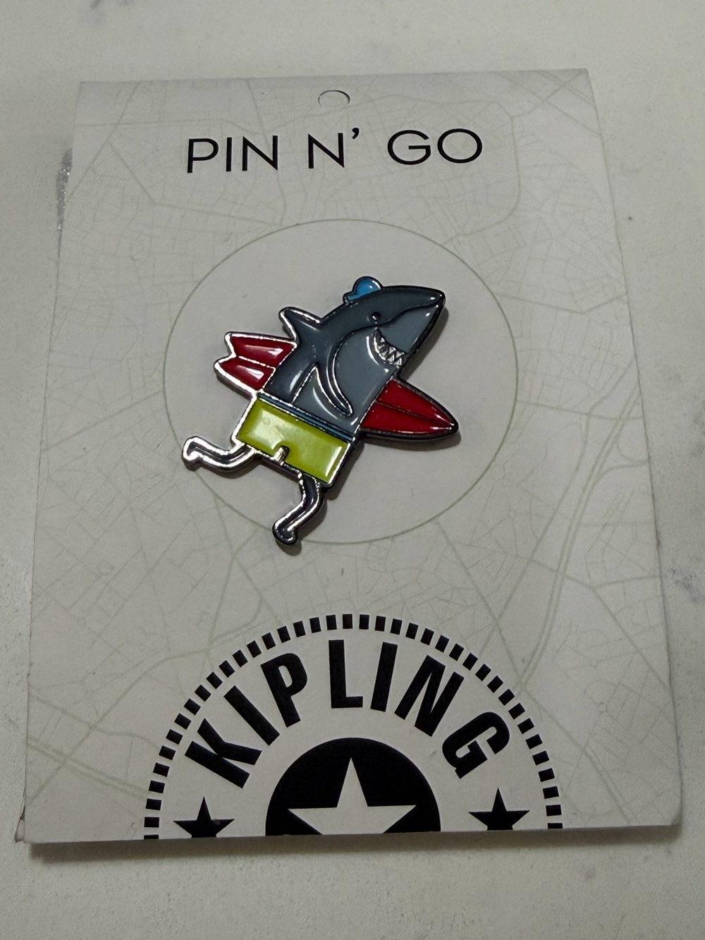 Kipling Shark Enamel Pin — Blue, Red, White